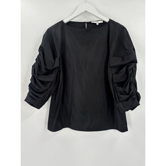 Tibi Blouse Womens 4 Black Ruched Ruffle 3/4 Sleeves Keyhole Back Button - Picture 1 of 16
